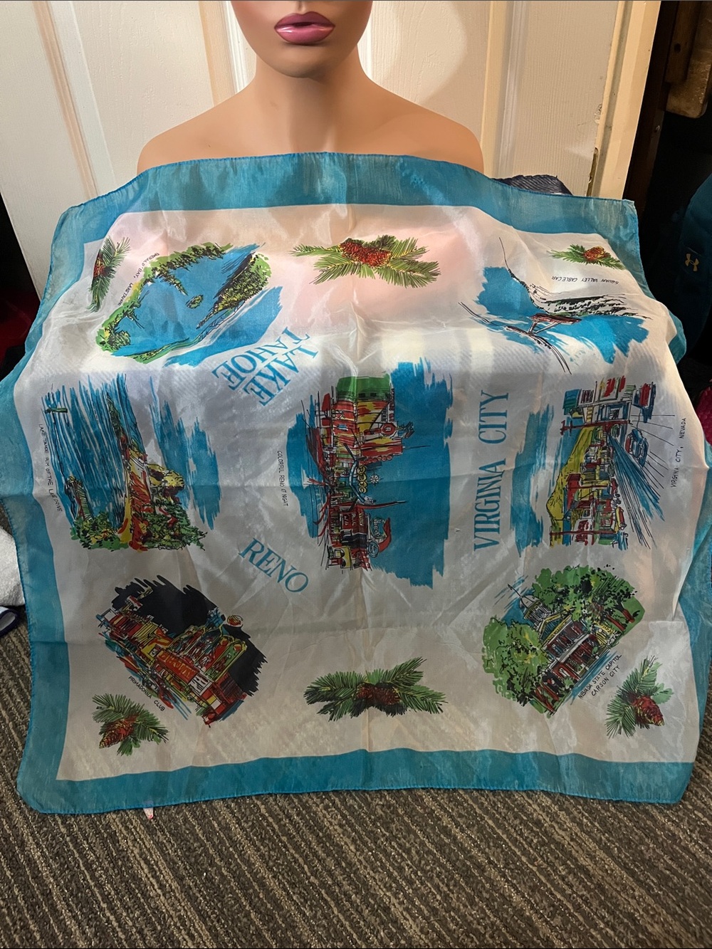 Lake Tahoe Souvenir Silk Scarf - Blue, Green, White